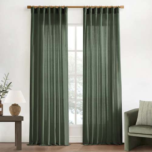 Cortinas De Lino Verde Oliva Para Sala De Estar, Juego De 2