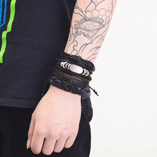 Conjunto Pulsera Brazalete Hombre Moda Cuero 5 En 1 Dije
