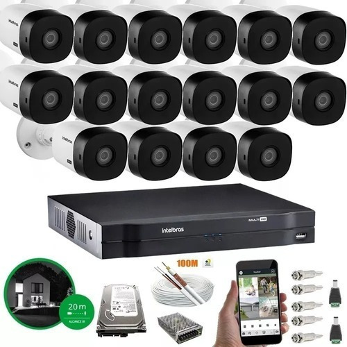 Kit Cftv Intelbras 16 Cameras 1120 Dvr 16ch Mhdx 1116 20mts