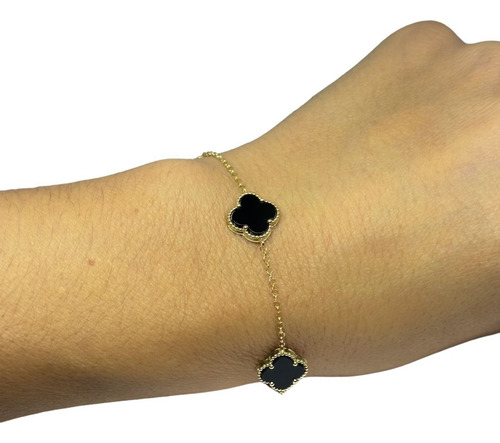 Pulseira Portuguesa Ouro 18k 750 5 Trevos Ônix 12 Mm