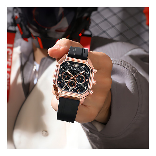 Relógio De Calendário Quadrado Crrju Business Chronograph Cor Da Correia Rosê/preto