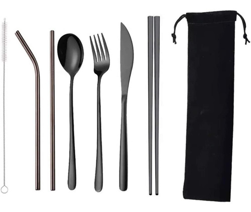 Set De 7 Cubiertos Negro + Incluye Bolsa