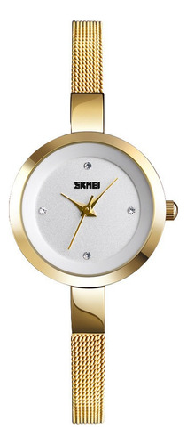 Reloj Mujer Skmei 1390 Acero Minimalista Elegante Clasico Color de la malla Dorado Color del fondo Blanco