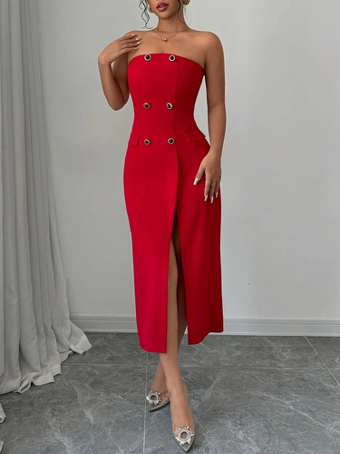 Vestido De Traje Sin Tirantes Elegante Con Abertura Frontal