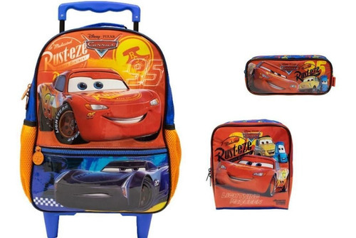 Kit Escolar Carros M Mochila De Rodas + Lancheira + Estojo