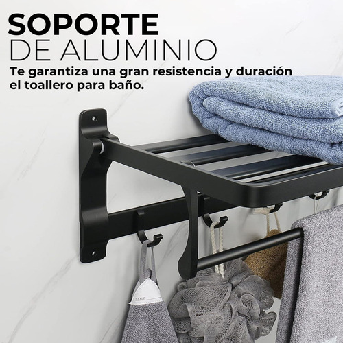 Toallero De Baño Con Elevación Doble Barra 5 Ganchos Móviles Color Negro Fasilyt