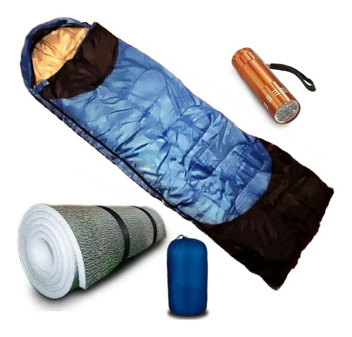 Combo Bolsa Dormir Termica 0 C° Con Capucha + Aislante + Linterna Led Pilas Inncluidas Camping Colegio Niños Chicos 