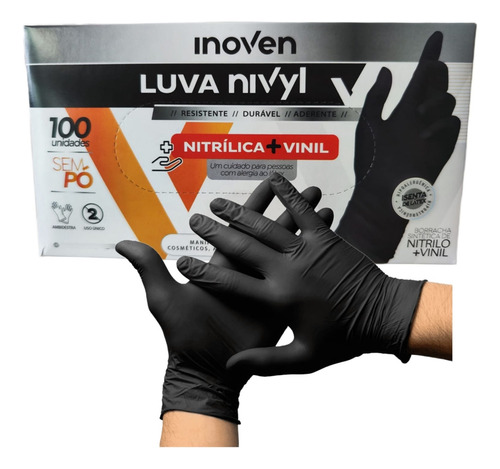 Luva Nítrica Descartável P M G Preta Manicure-100 Peças Full Cor Preto Tamanho Tamanho G