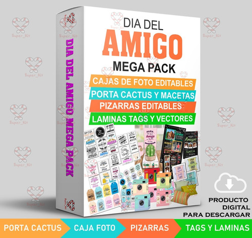 Kit Imprimible Dia Del Amigo Mega Pack Cajas Tags Pizarras
