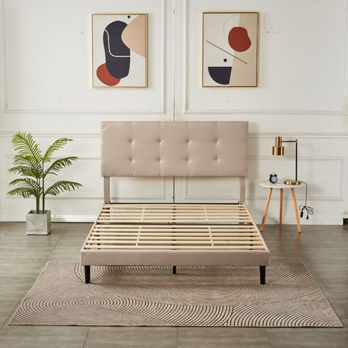 Base Para Cama King Size En Madera Con Cabecera De Lino Color Beige