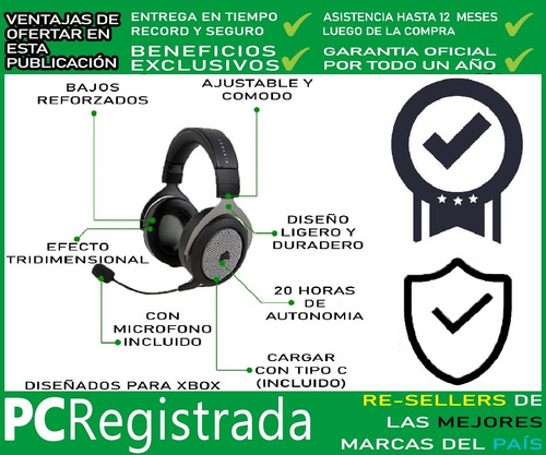 Imagen 3 de 6 de Auriculares Gamer Inalámbricos Corsair Hs75 Xbox One Pcreg