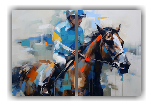 60x40cm Cuadro: Jockey Azul Montando Caballo En Paisaje