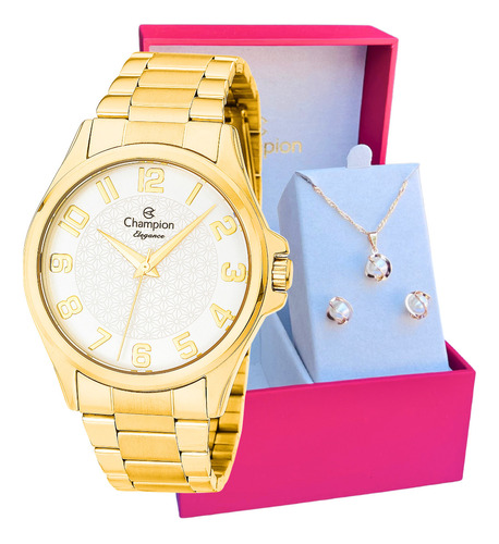 Relógio Champion Feminino Dourado Banhado Kit Colar Brincos