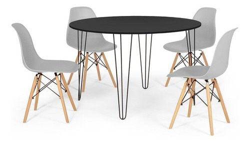 Mesa De Jantar Hairpin 120cm Preta + 4 Cadeiras Eames Eiffel Cor Cinza