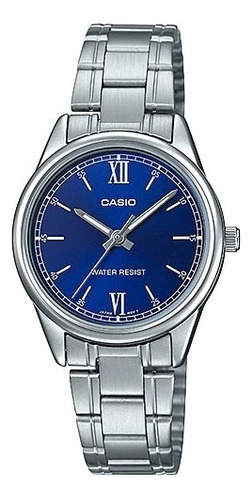 Reloj Casio Mujer Ltp-v005d-2b2 Malla Plateado Bisel Plateado Fondo Azul