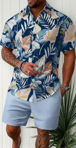 Conjunto De Playa Para Hombre Con Camisa De Manga Corta Con