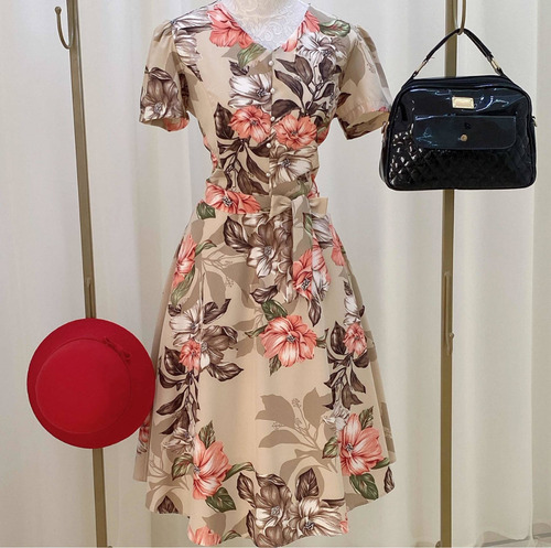 Imagem 3 de 8 de Vestido Rodado Gode Midi Bege Floral