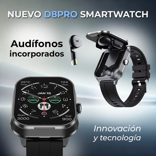 Reloj Inteligente D8 Pro Smartwatch Con Audífonos Bluetooth Integrados 2 En 1 Con Funda De Silicona Pantalla Táctil Hd Para Mujer Y Hombre Notificaciones Sensor De Ritmo Cardiaco Color Negro