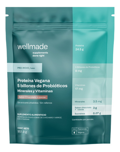 Imagen 1 de 1 de Suplemento Polvo Wellmade Proteina Vegana 951.9g Chocolate Sabor Chocolate Cocoa