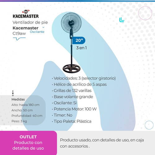 Imagen 2 de 8 de Ventilador De Pie Kacemaster 20 3 En 1 Ct9aw Outlet