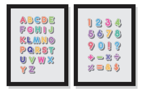 Kit 2 Quadros Didáticos Alfabeto Números Educativos Infantil Cor Preto