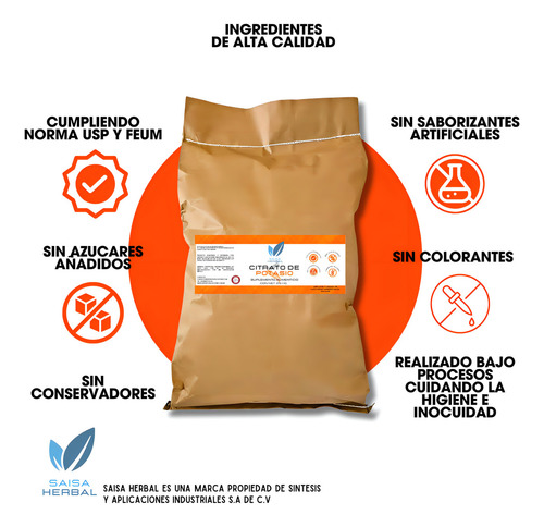 Citrato De Potasio Bulto Con 25 Kg Sabor Natural Saisa Herbal