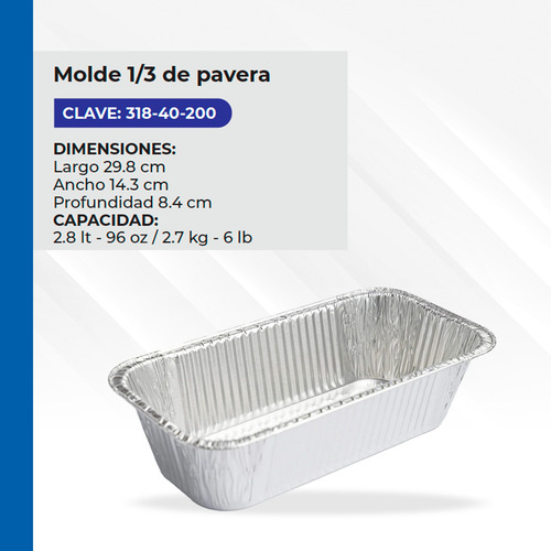 Molde De Aluminio Resistente 1/3 De Pavera 30x14x8cm 20pz Plateado