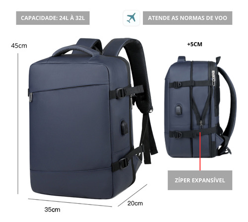 Mochila De Viagem Feminina Masculina Leve Resistente Para Notebook 15.6 Saída Usb Material Premium Impermeável Cor Azul