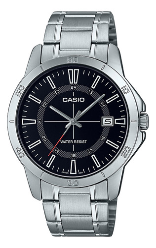 Reloj pulsera Casio MTP-V004D-1CUDF, analógico, para hombre, fondo negro, con correa de acero inoxidable color plateado, bisel color plateado y desplegable