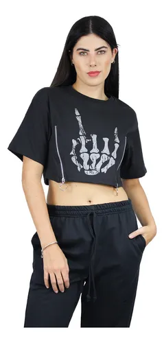 Blusa Negra Ombliguera Manga Corta Rock And Roll