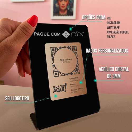 Imagem 2 de 5 de Placa Pix Pagamento Qrcode Acrílico Preta E Frente Bronze