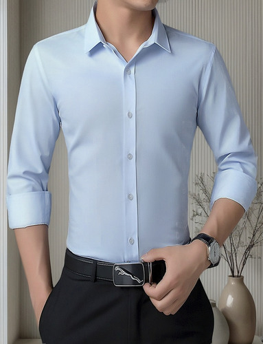 Camisa De Vestir Hombre Moda Slim Color Sólido Manga Larga
