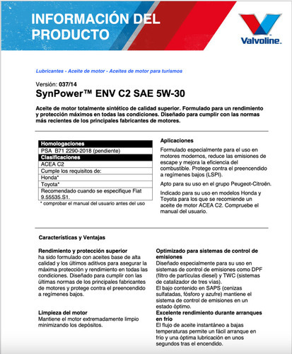 Aceite 5w30 Valvoline Full Sintetico Synpower Acea C2 1 Lt