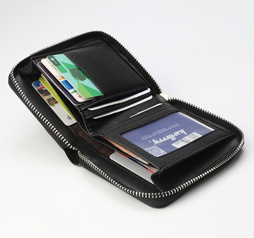 Cartera Billetera Monedero De Piel Para Hombre Caballero Color Negro Forma 2 Diseño De La Tela Liso