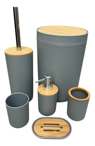 Set De Baño Plástico Y Bambú 6 Piezas Estilo Nordico Gris