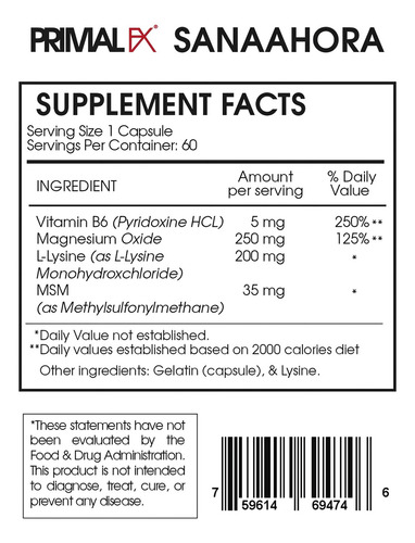 Primal Fx I Magnesium + Lysine M6 I 60 Capsules I Dr Ludwig