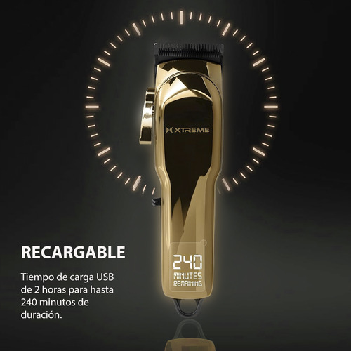 Xtreme Pro Maquina rasuradora profesional barba y cabello 6 guías con pantalla lcd recargable color dorado