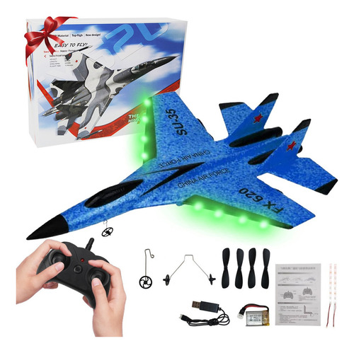 Avión bimotor de control remoto Su-35 Fx620 con 2 baterías, color azul
