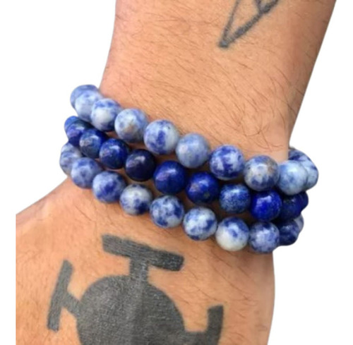 Pulseira Masculina Pedra Azul 8mm 3 X Sodalita Lapis Lazuli Diâmetro 19 Cm