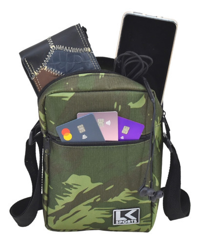 Bolsa Transversal Masculina Feminina Shoulder Bag Camuflado Cor Verde