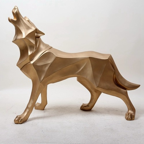 Estátua Luxo Artesanal Cão Lobo Resina Enfeite Cor Dourado
