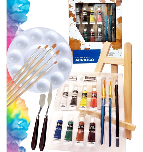 Set Pintura Acrílica, Atril, Pinceles, Paleta, Espátulas.