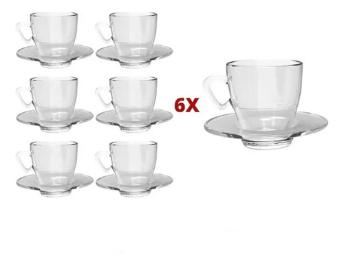 Jogo 6 Xícara Café Chá Com Pires Vidro Transparente 90ml