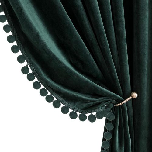 Cortinas De Terciopelo Verde Oscuro Dormitorio Pom Pom,...