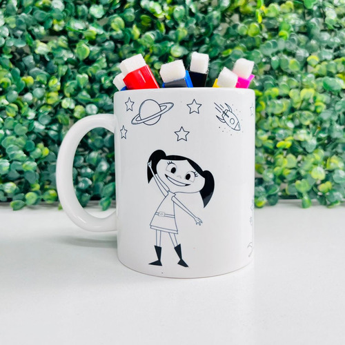 Caneca Luna Personalizada Para Pintar + 5 Canetas De Cor Branco