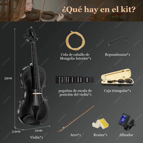 Violin Acustico Profesional 4/4 Con Estuche Zuszox, Set De Violín Para Principiantes, Adultos Y Estudiantes Con Resina, Hombrera, Arco, Afinador Y Pegatinas Para Diapasón