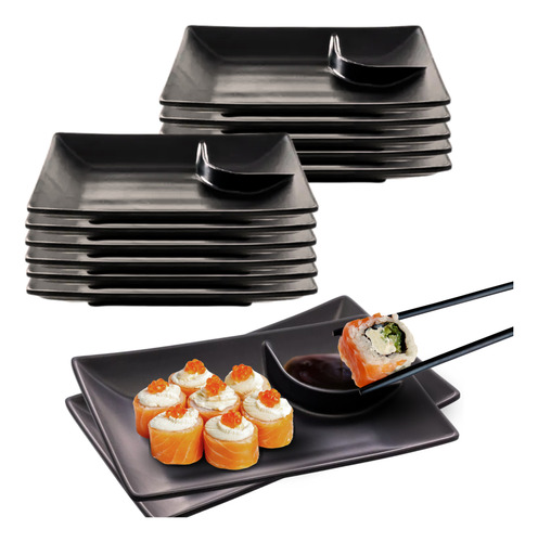 Kit 12 Pratos-retangular De Melamina C/ Molheira Preto Sushi