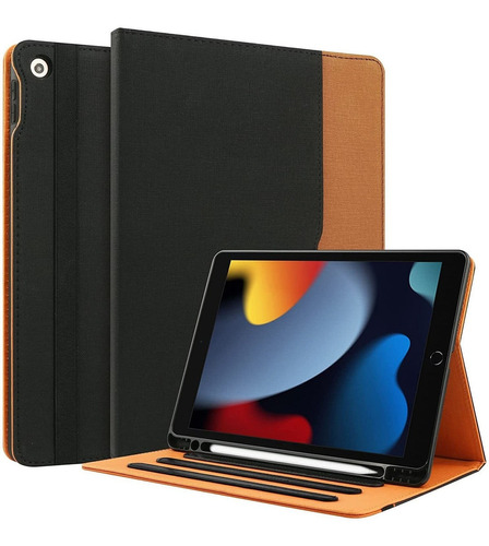 Funda iPad 7ma/8va Gen. De Cuero Portalapiz Negro/marron