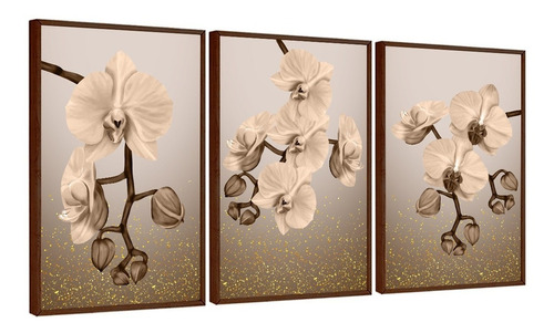 Quadro Decorativo Flores Orquídeas Tons Bege Moldura Tabaco