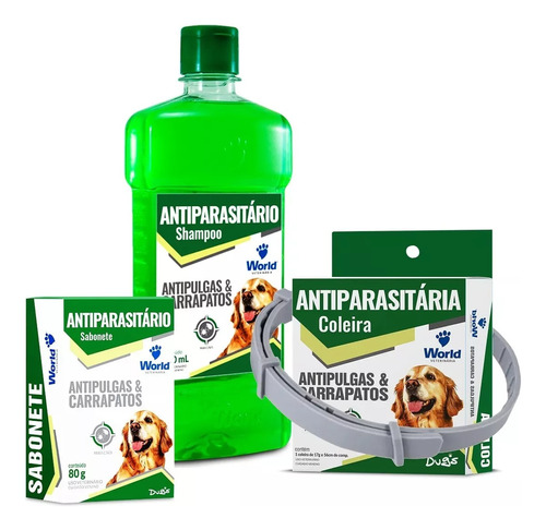 Coleira Shampoo Sabonete Caes Pet Kit Mata Carrapatos Pulgas